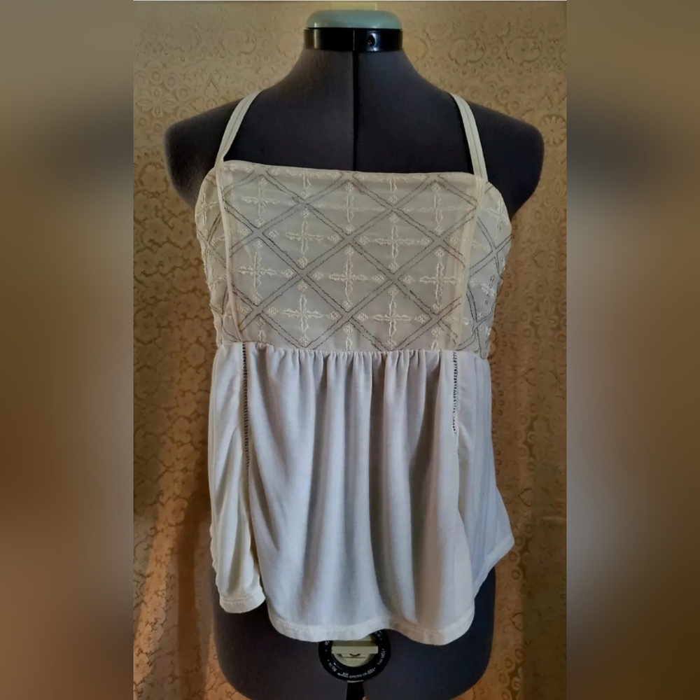 American Eagle Beige Boho Flowy Top Sz S cottagecore fairy criss-cross bohemian